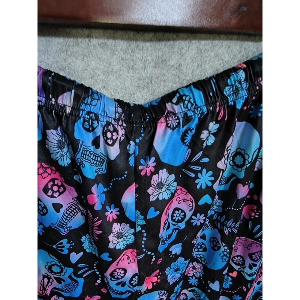 Ekouaer Satin Black Skull Skeleton Pull On Pajamas M Short Sleeve Tie Waist NWT